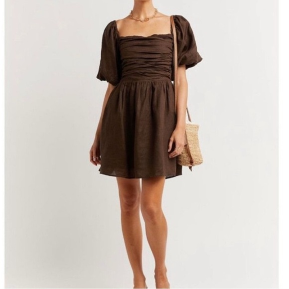 DISSH Dresses & Skirts - DISSH Brown Puff-Sleeve Mini Dress
